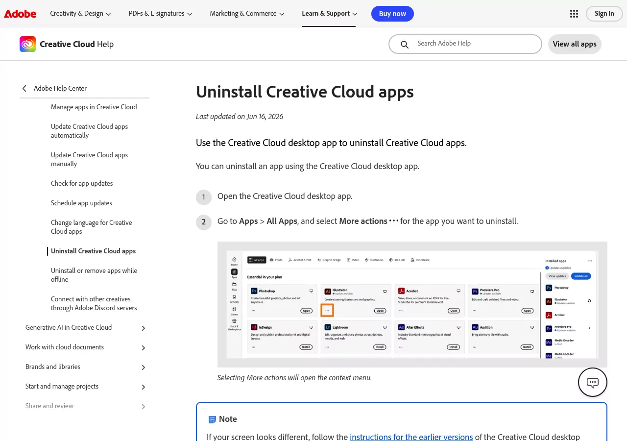 Adobe help page showing Apps, All Apps and More actions, the first step to remove Creative Cloud from a Mac