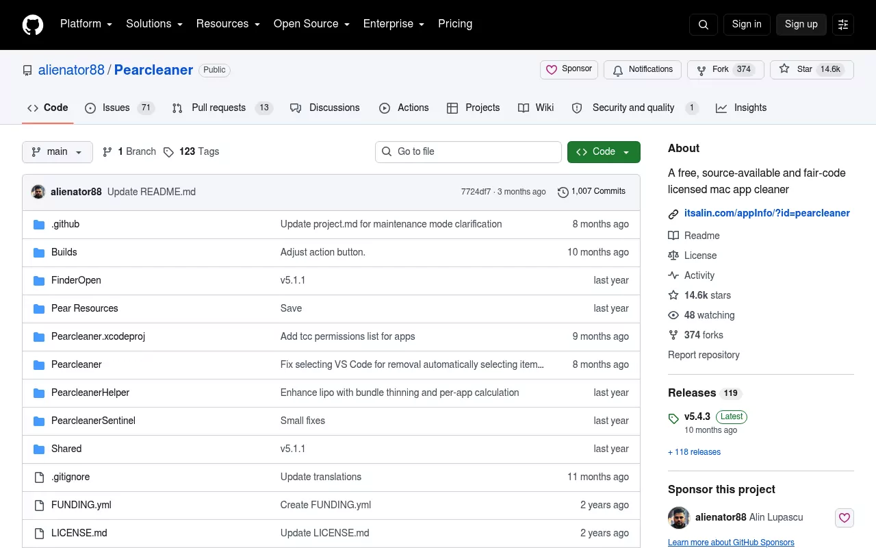 Pearcleaner repository on GitHub, billed as a free source-available mac app cleaner, with 14.6k stars and release v5.4.3