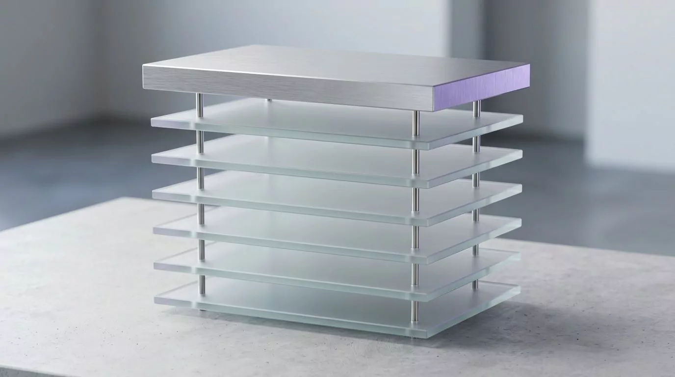 One metal slab above six glass layers, showing an app bundle and the six folders that hold its leftovers