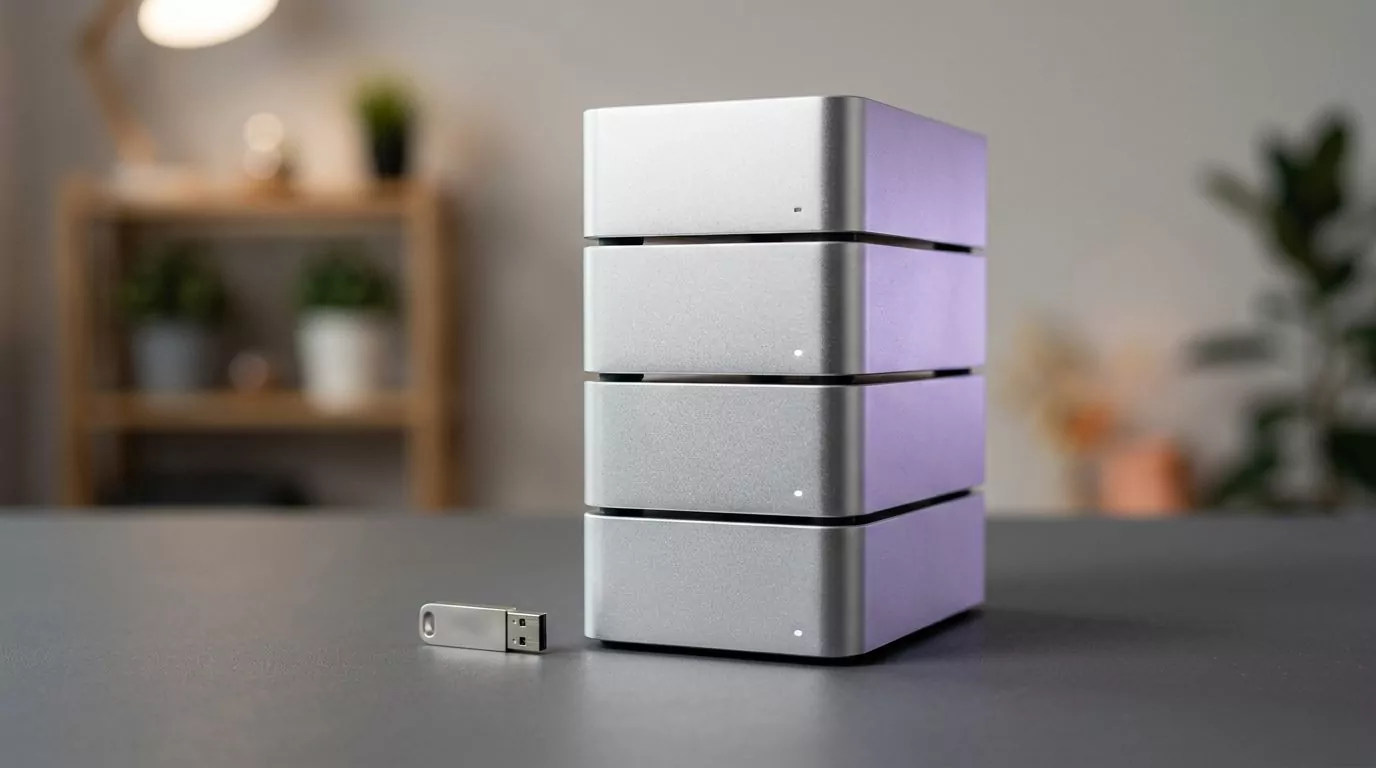 Tiny USB drive beside a tall stack of hard drives, like the small Ollama app next to its large models