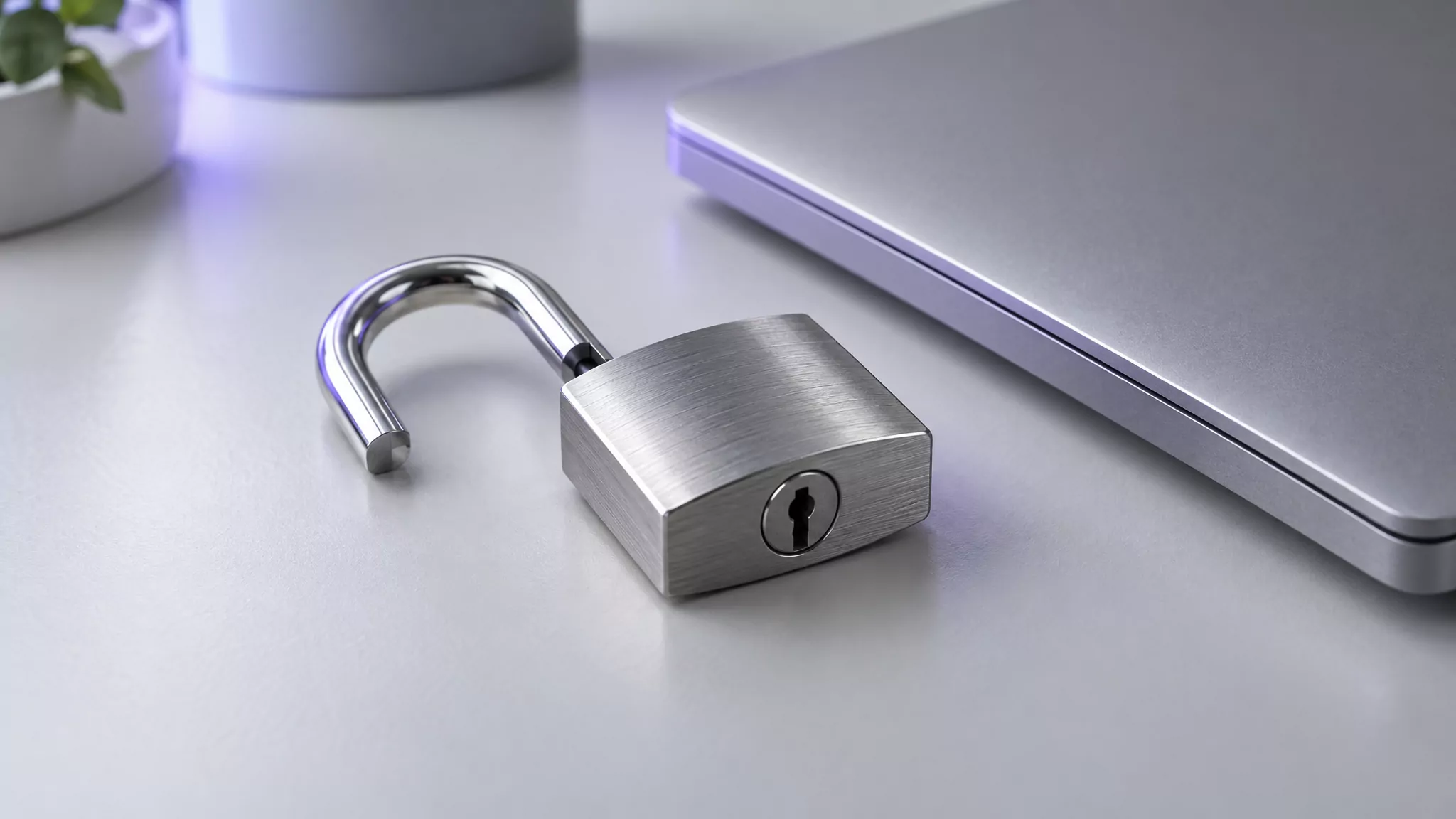 Open padlock beside a closed laptop, standing for Spotify no longer set to open at login on a Mac