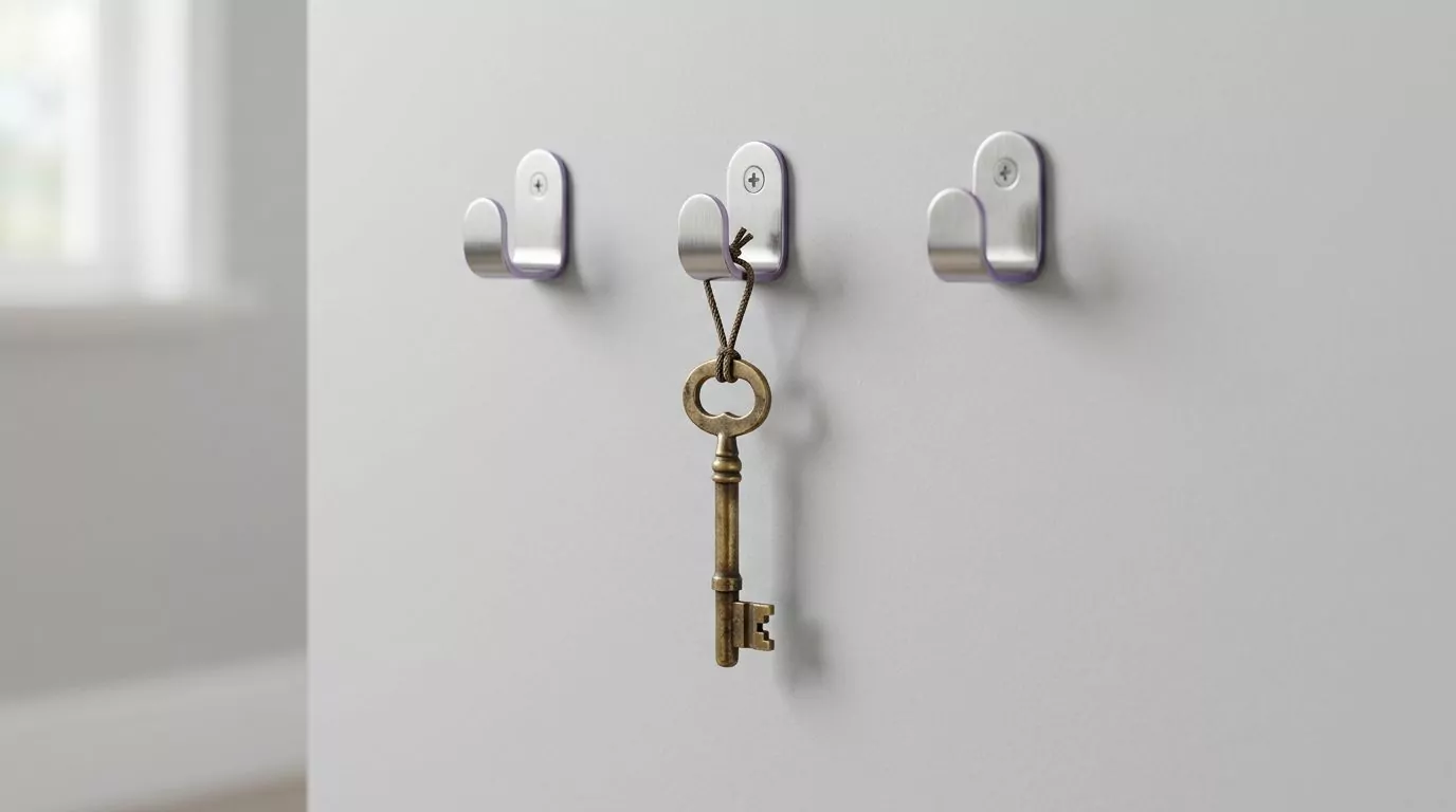 One brass key on the middle of three wall hooks, standing for the single code command that one editor owns