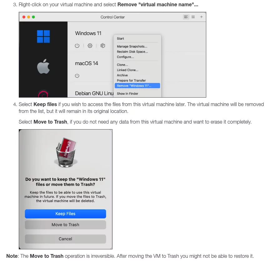 Parallels Control Center menu with Remove selected and the Keep Files or Move to Trash dialog