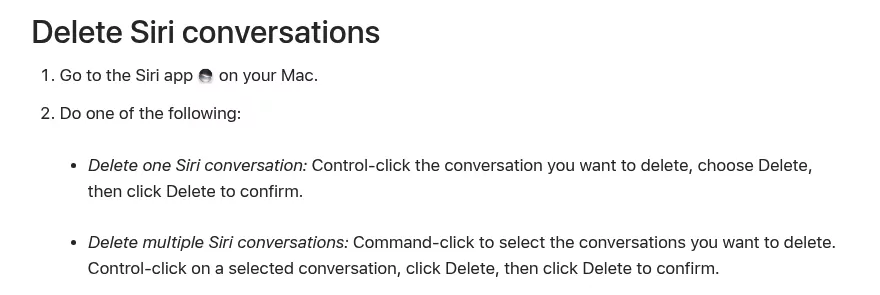 Apple steps to delete one or more Siri conversations in the Siri app on Mac