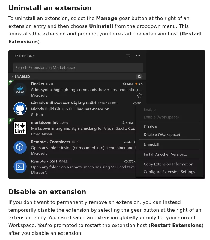 VS Code docs showing the gear menu in the Extensions view with Uninstall, used to remove the Codex extension