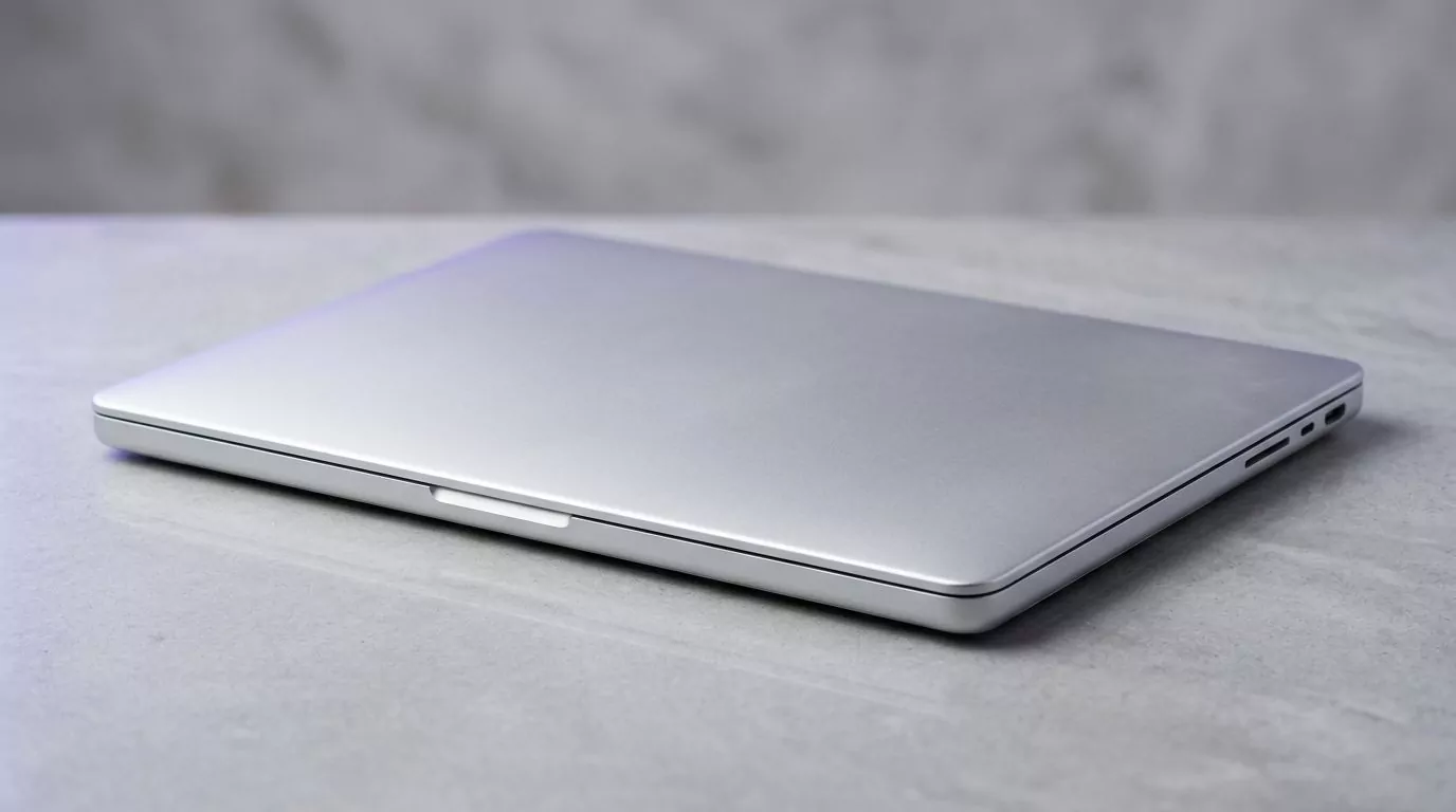 Closed silver laptop on a pale stone desk, illustrating a guide to uninstall Safari on Mac