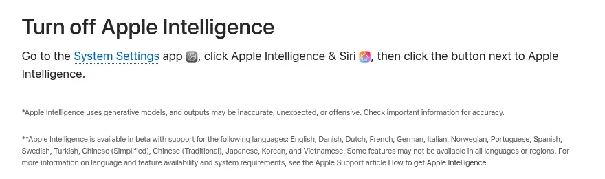 Apple guide for macOS Tahoe 26 on how to turn off Apple Intelligence in Apple Intelligence and Siri settings