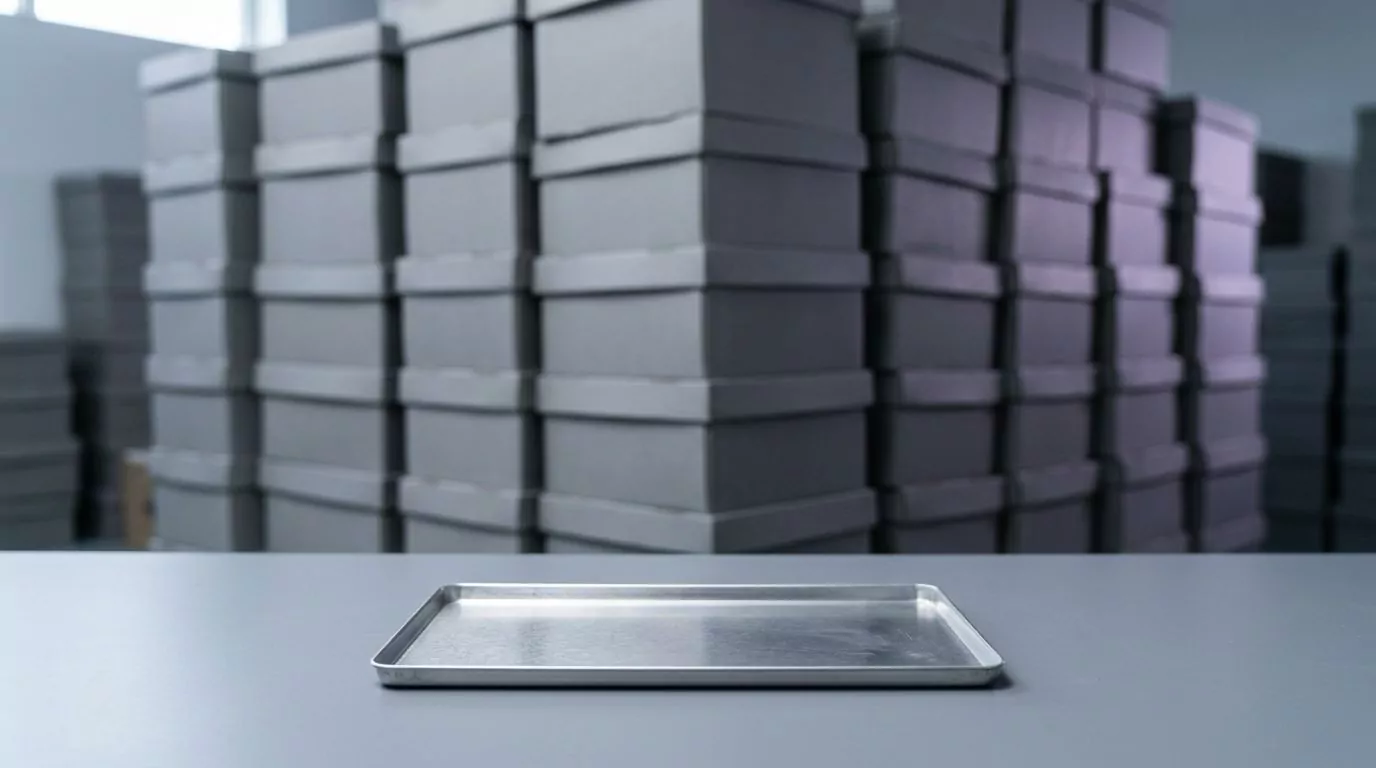 Empty metal tray in front of tall stacks of grey boxes, the small app versus the data left when you uninstall Claude on Mac