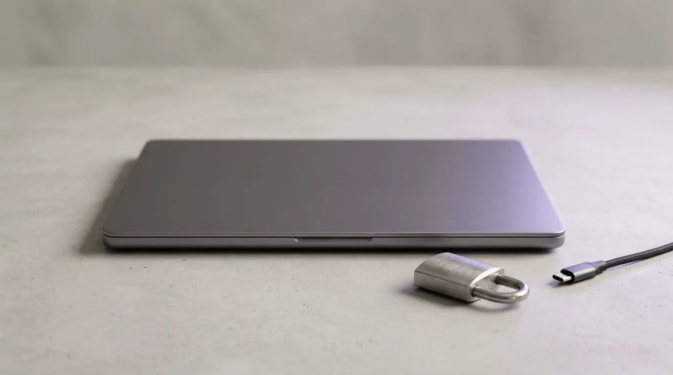 Closed laptop beside an open padlock and an unplugged cable, standing for a Kaspersky system extension being withdrawn