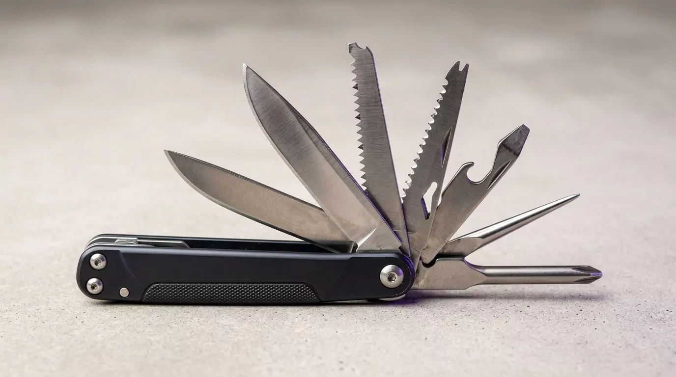One multi-tool handle with six separate implements fanned out, like a mac maintenance app bundling jobs