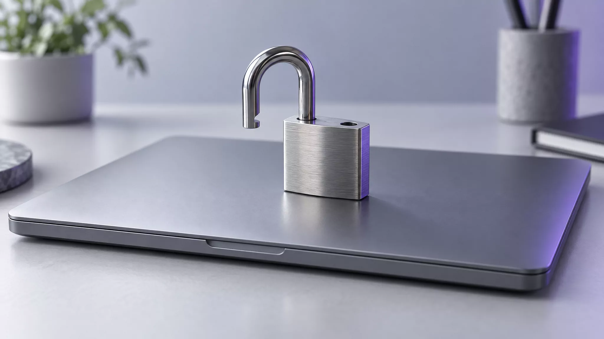 Open steel padlock on a closed laptop, standing for revoking Grammarly's Accessibility permission on Mac