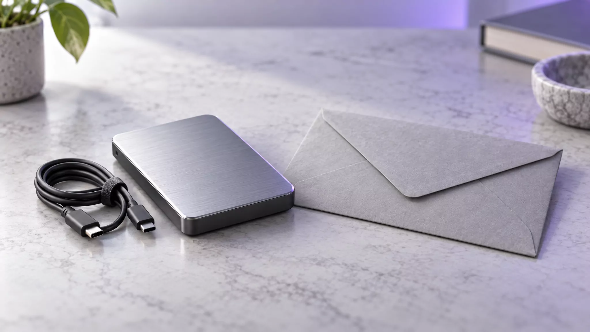 Portable drive and a sealed envelope on a desk, standing in for exporting Firefox bookmarks and passwords first