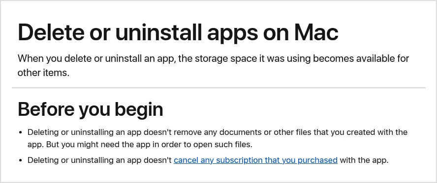 Apple Support page on deleting apps on Mac, noting it does not cancel subscriptions bought with the app