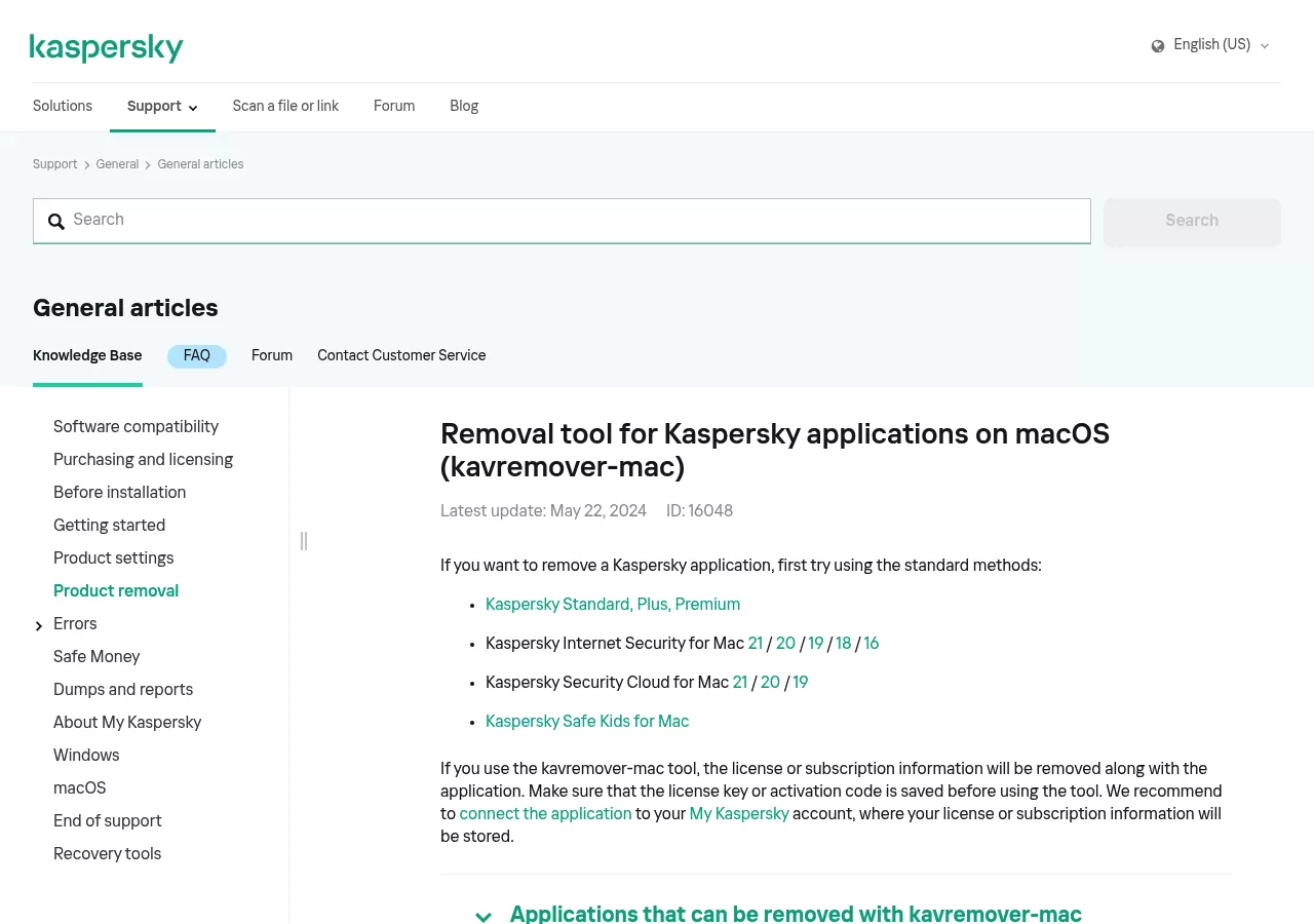 Kaspersky support page for the kavremover-mac removal tool listing supported Mac products and the licence warning