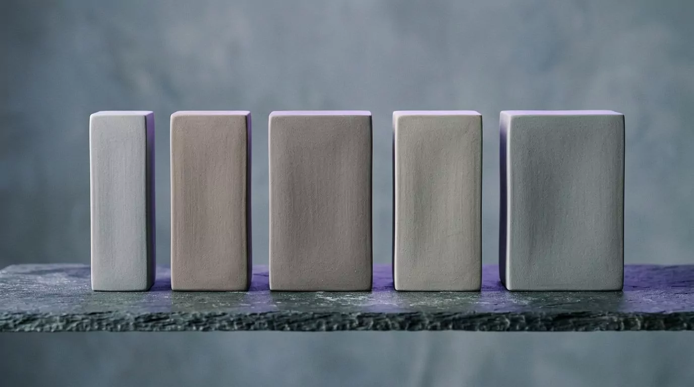 Five ceramic blocks of different widths standing at equal height in one row, no tool ranked above another