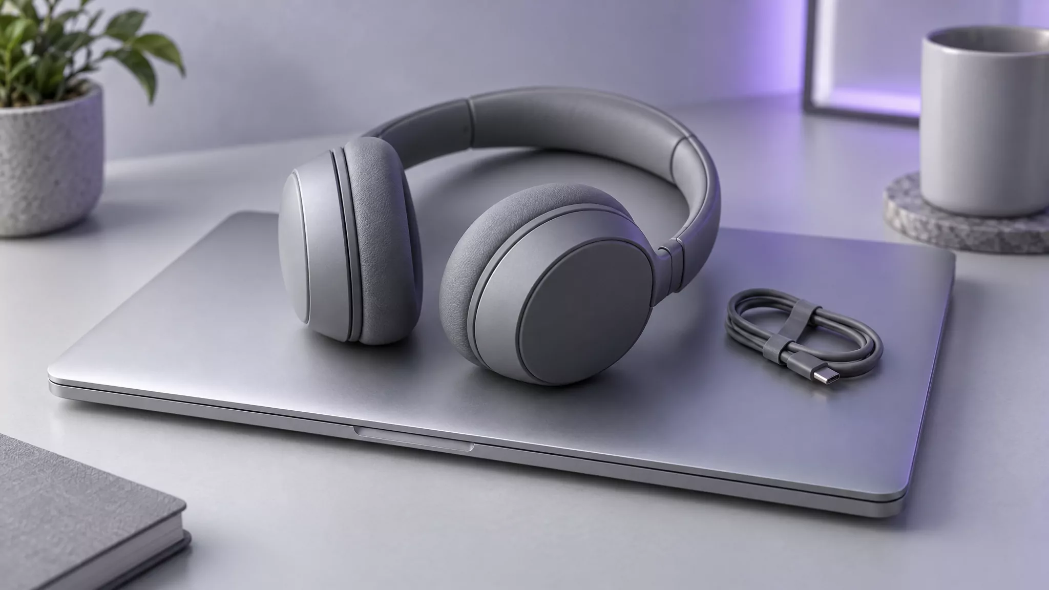 Grey headphones on a closed laptop, standing for music that stays in your account when you remove Spotify from Mac