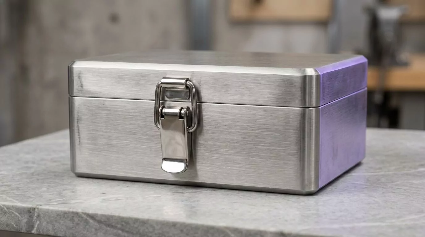 Brushed metal case closed by a single steel latch, standing in for the sealed macOS system volume