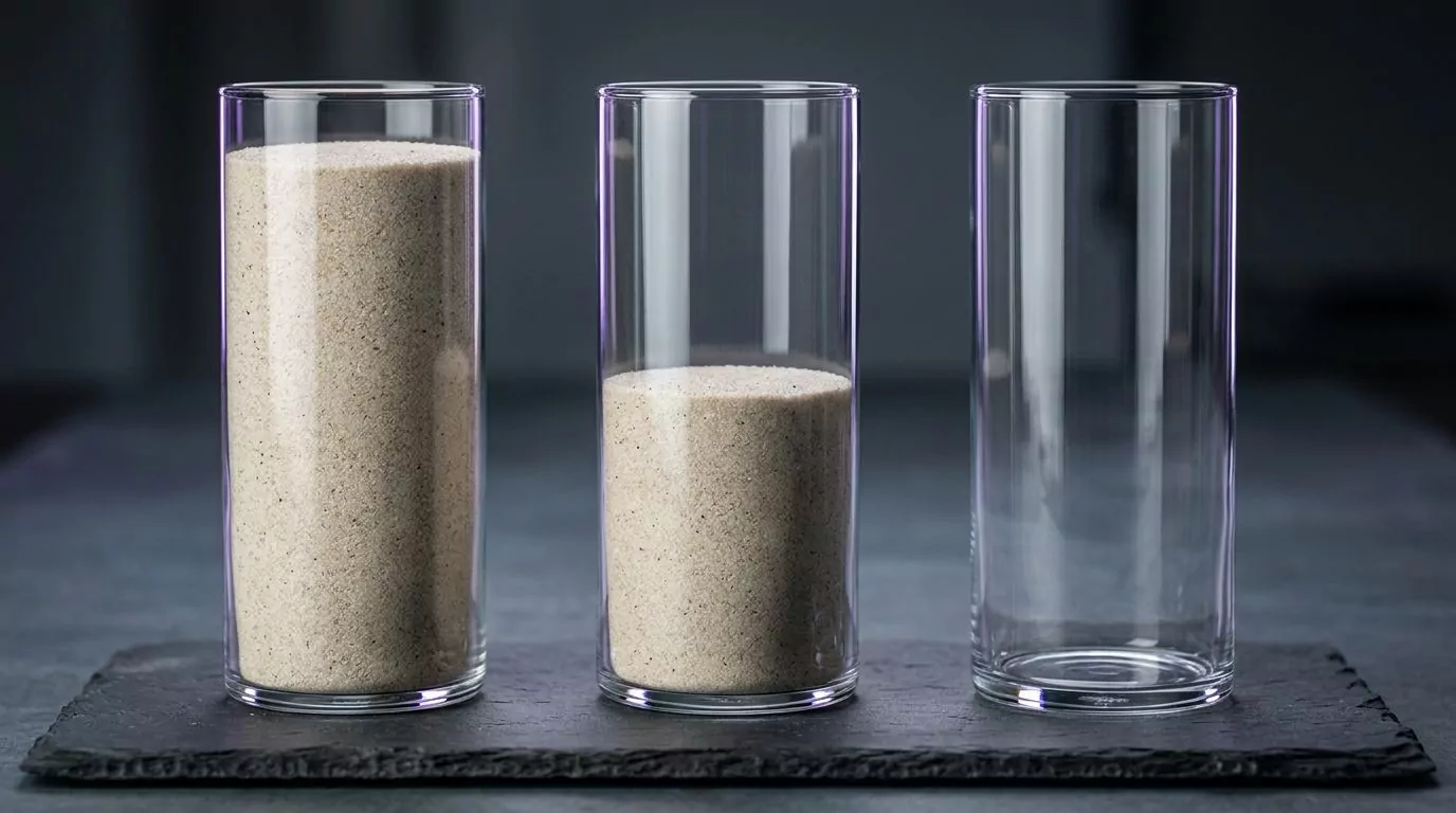 Three glass cylinders in a row, full, half full and empty, showing each browser cache cleared on its own