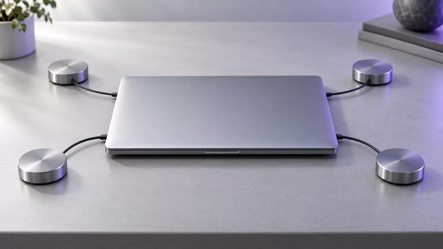 Closed laptop wired to four metal pucks, like Creative Cloud and the background helpers it adds to a Mac